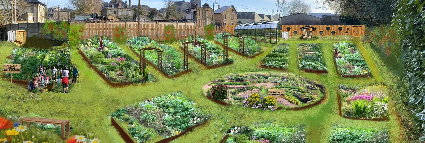 Vue illustrée du jardin API Potager : carrés potagers, arches, serre et cercle central fleuri